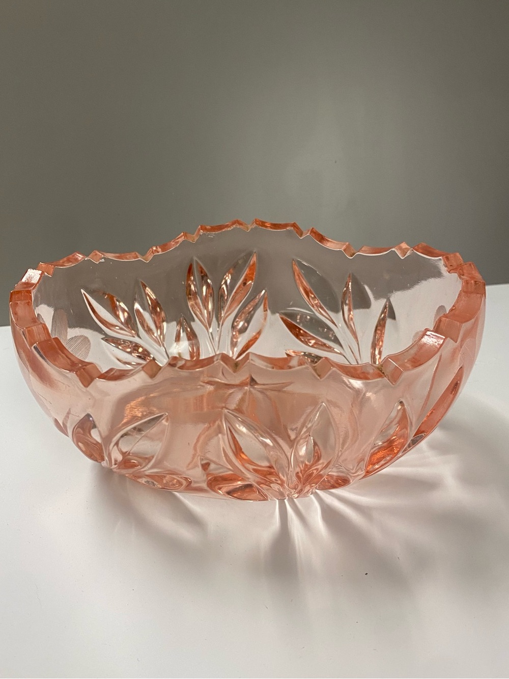 Blush Pink Glass Decorative Bowl - Elegant Leaf Cut Design
